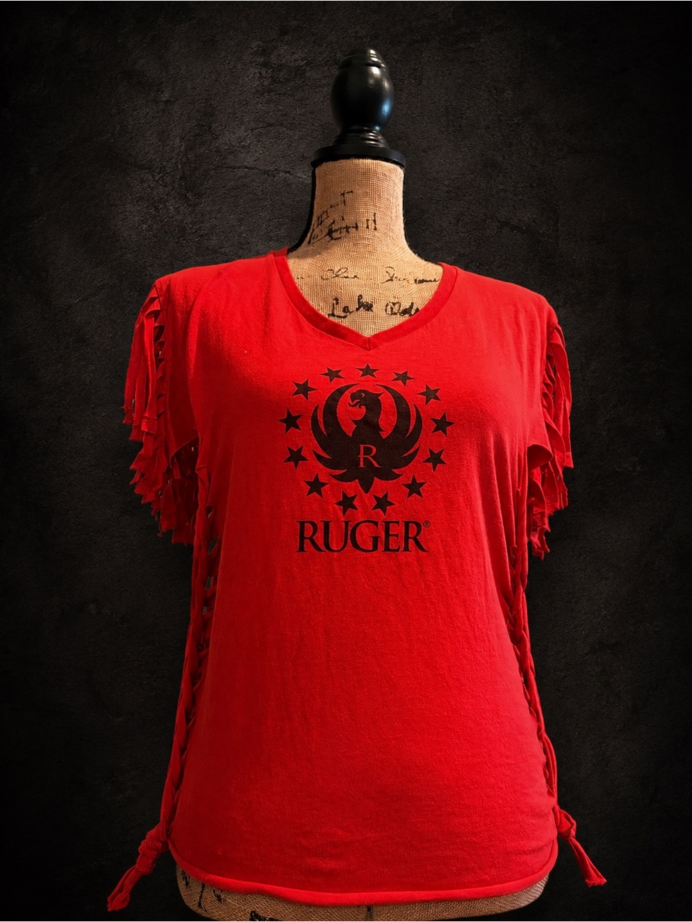 Kruger Red Fringe-Sleeve V-Neck Tee with Black Logo